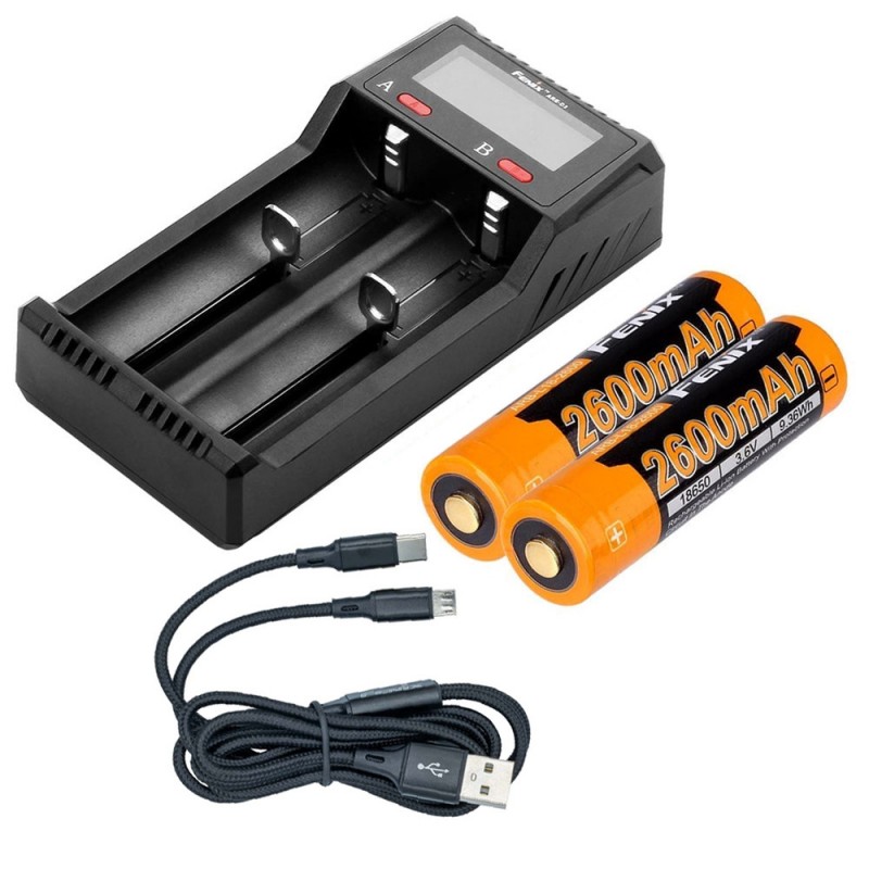 Batteri til Fenix Oppladbart 18650 3.6V 2600mAh(2 Pakke) + ARE-D2 Lader