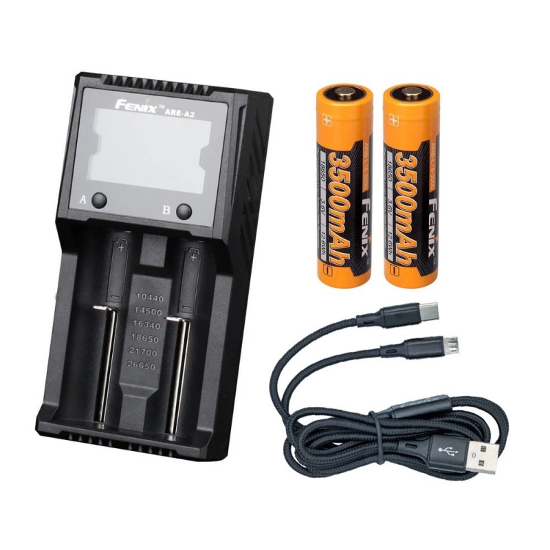Batteri til Fenix Oppladbart 18650 3.6V 3500mAh(2 Pakke) + ARE-D2 Lader