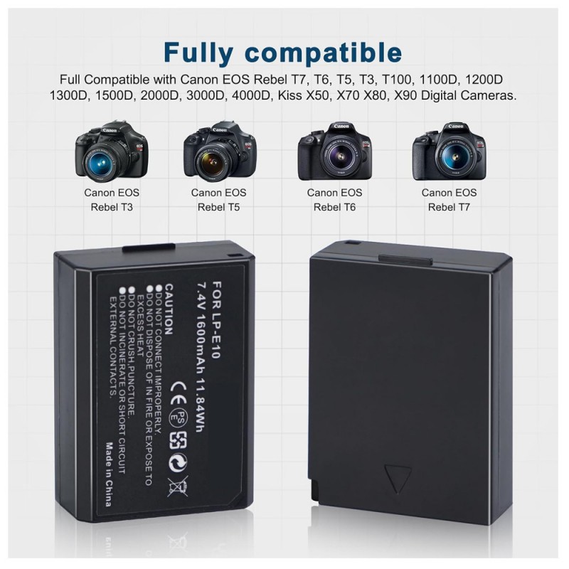                             Batteri til Canon LP-E10 (7.4V, 1600mAh) 3 Batteri + 1 Lader                             
                                                        
                            
